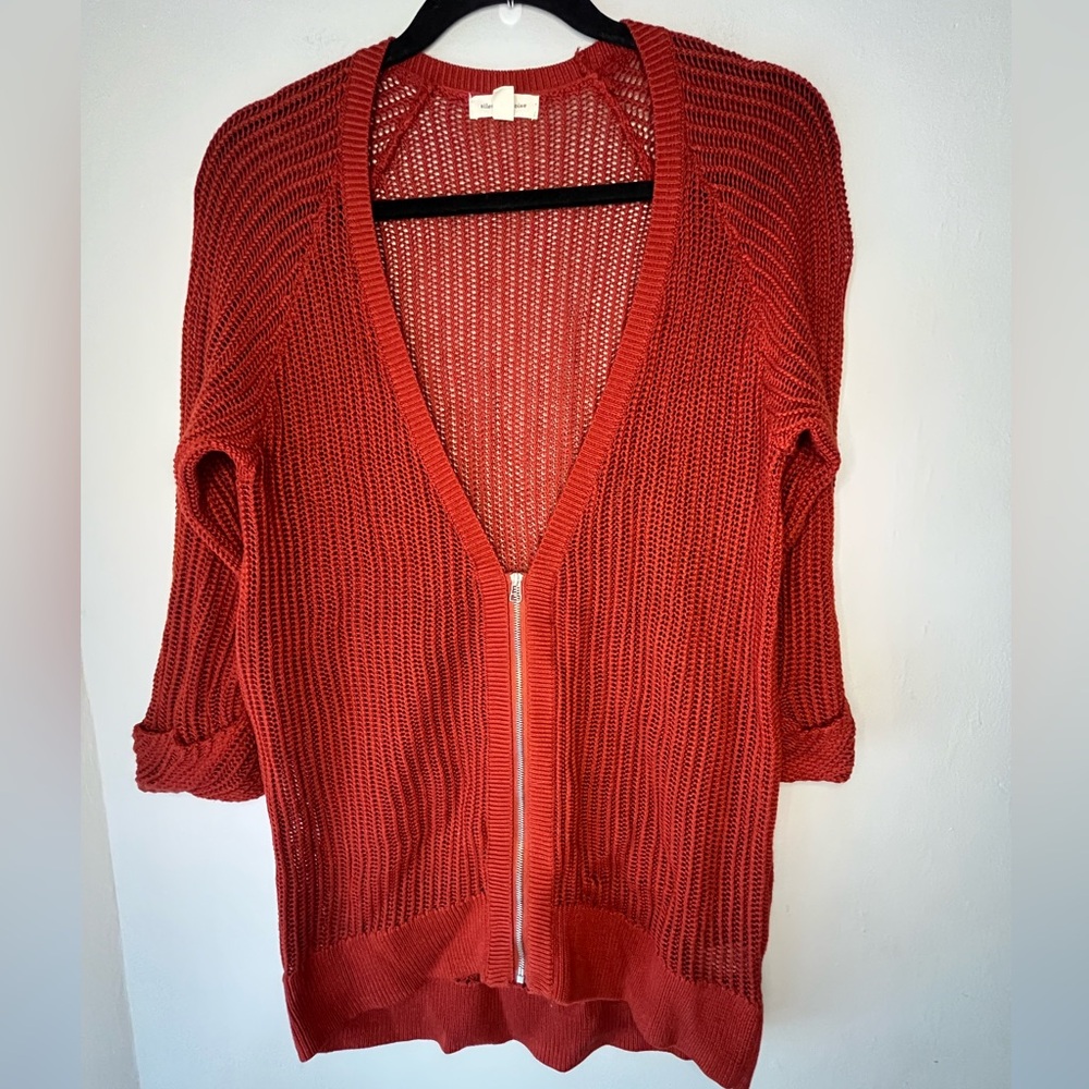 Anthropologie Silence + Noise Brick Red Open-Knit Zipper Cardigan Size Medium